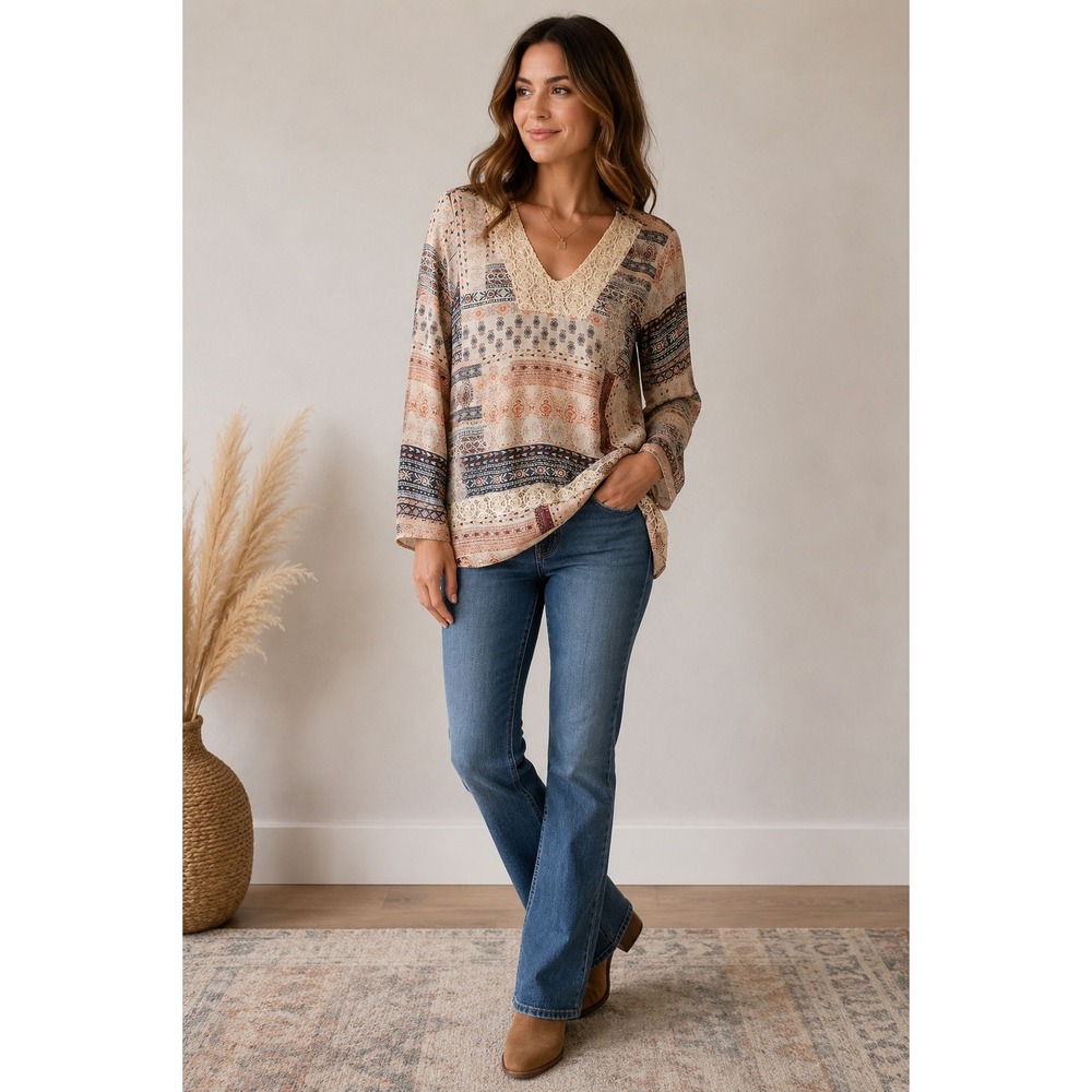 About a Girl Boho Patchwork Blouse Crochet Lace Sheer Festival Top M‎